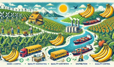 DALL·E 2025-02-12 21.33.38 - An illustration showing the journey of bananas from farm to fork. The image depicts lush banana farms, farmers harvesting, quality control, eco-friend