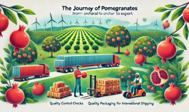 DALL·E 2025-02-12 21.42.16 - An illustration showing the journey of pomegranates from orchard to export. The image depicts lush pomegranate orchards, farmers harvesting fruits, qu